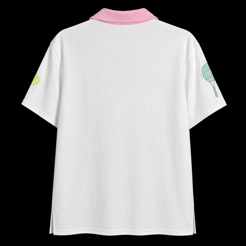 New Fantastic Fawn Pink & Green Sequin Tennis Print Polo Top Women Size Large - Picture 4 of 5